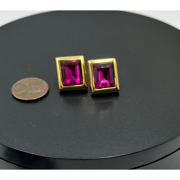 Swarovski Crystal Rectangle Fuchsia Signed S.A.L. Vintage Pierced Earrings - Picture 4 of 10